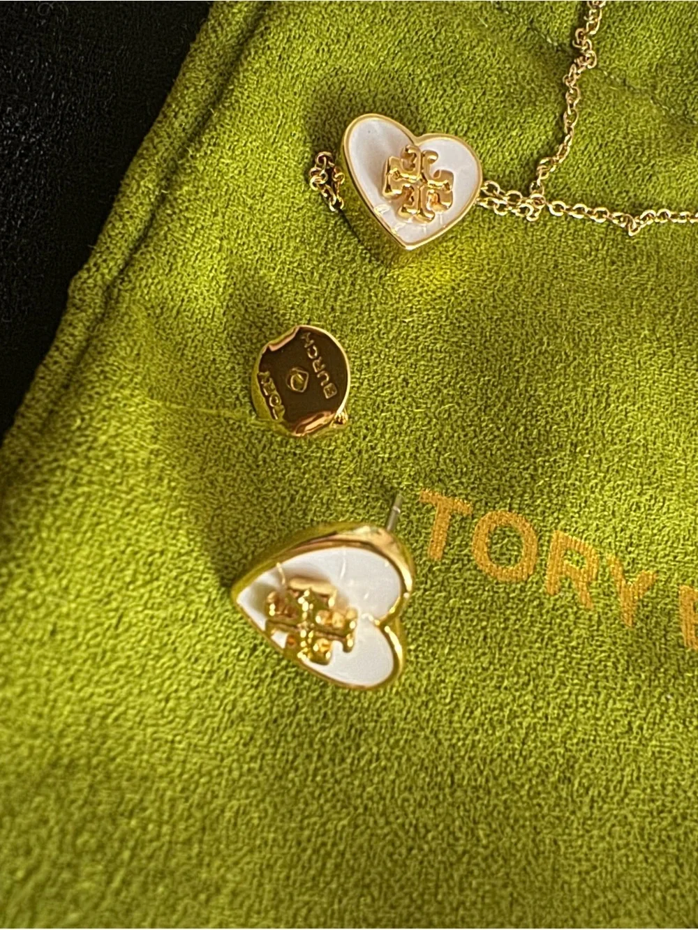 Tory Burch Gold and White Heart Logo Necklace with Matching Studs
